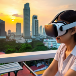 **Prompt:** "Virtual Reality Therapy session, Thai therapist, patient overcoming fear of public speaking, realistic VR headset, calming environment, Bangkok cityscape in background, warm lighting."
