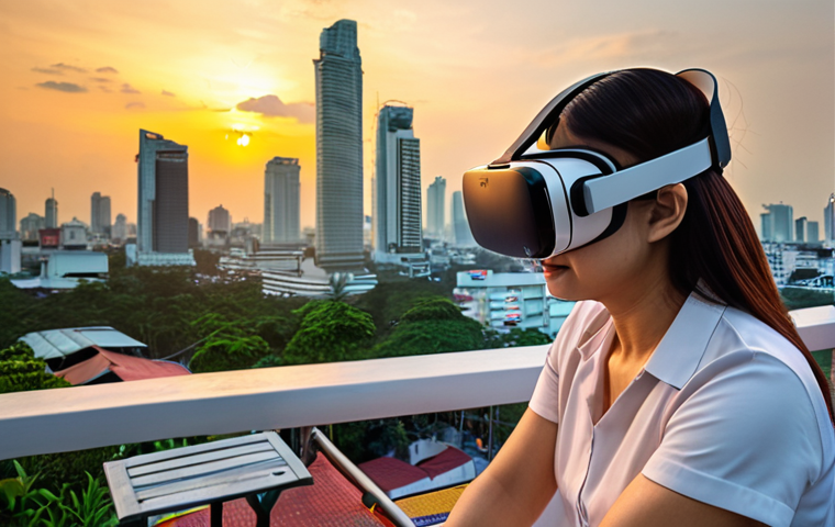 **Prompt:** "Virtual Reality Therapy session, Thai therapist, patient overcoming fear of public speaking, realistic VR headset, calming environment, Bangkok cityscape in background, warm lighting."