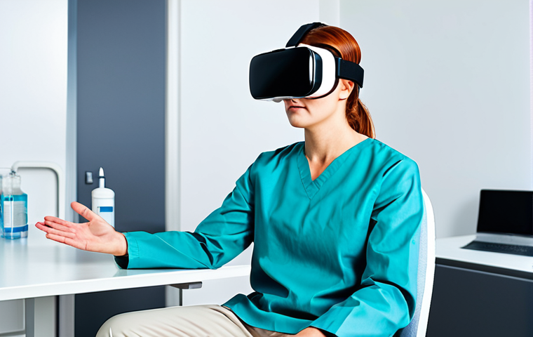 **Patient Education and Understanding**
    A person, fully clothed in a modest, comfortable long-sleeved shirt and trousers, is seated in a clean, modern medical consultation room. They are wearing an advanced virtual reality headset, with their gaze directed slightly upwards as if viewing something immersive. The background features subtle, high-tech medical equipment. The individual's expression is one of calm focus and understanding, perfectly depicting a natural pose. The image emphasizes the power of VR in medical education and patient empowerment, ensuring perfect anatomy, correct proportions, well-formed hands, and natural body proportions. This is a professional, safe for work, appropriate content, and family-friendly image, rendered with high-quality medical photography.