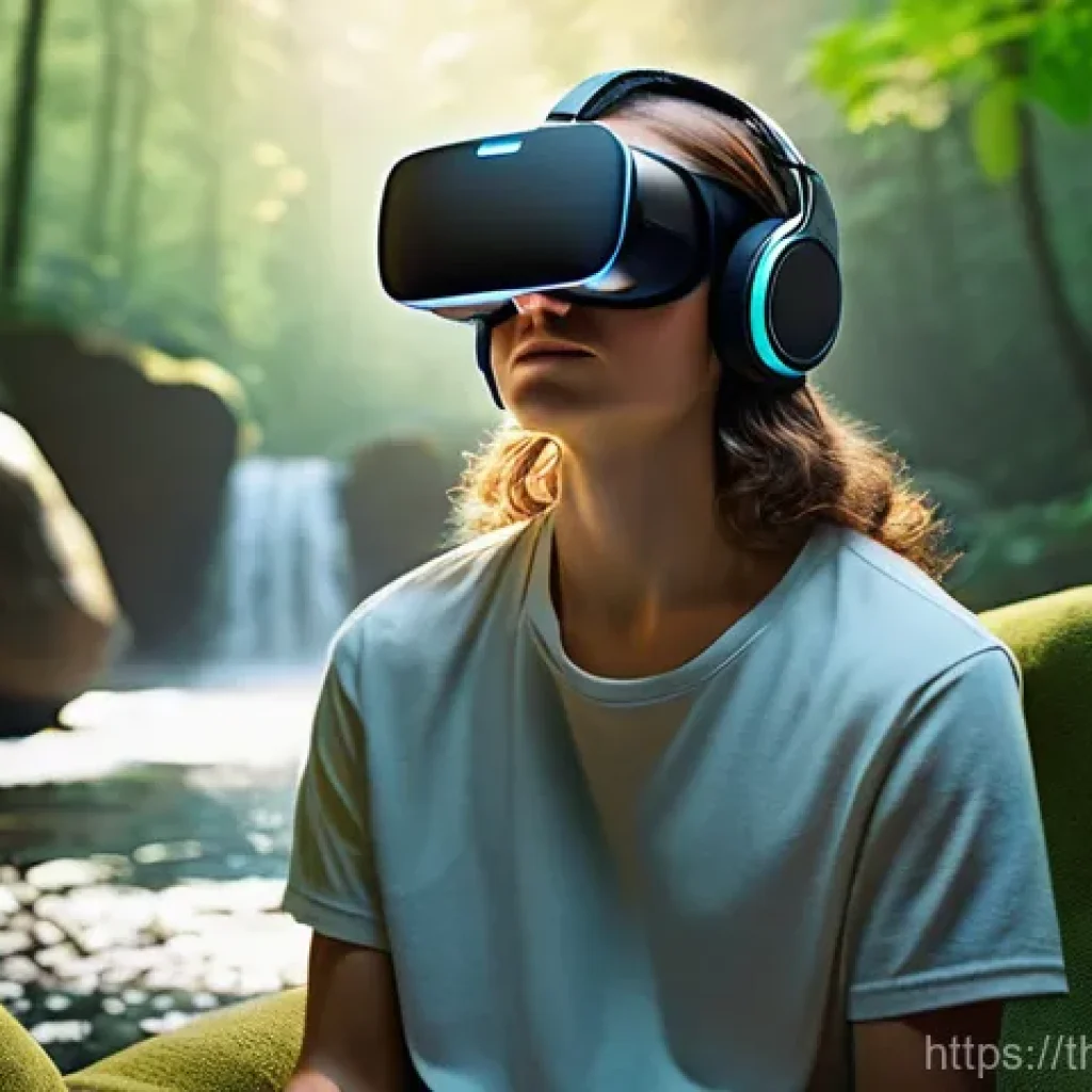 심리치료 VR의 비용 및 효용 분석 - **A Serene Escape in Virtual Reality:** A person, gender-neutral, wearing comfortable, modest everyd...