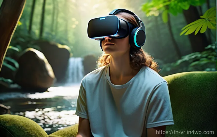 심리치료 VR의 비용 및 효용 분석 - **A Serene Escape in Virtual Reality:** A person, gender-neutral, wearing comfortable, modest everyd...