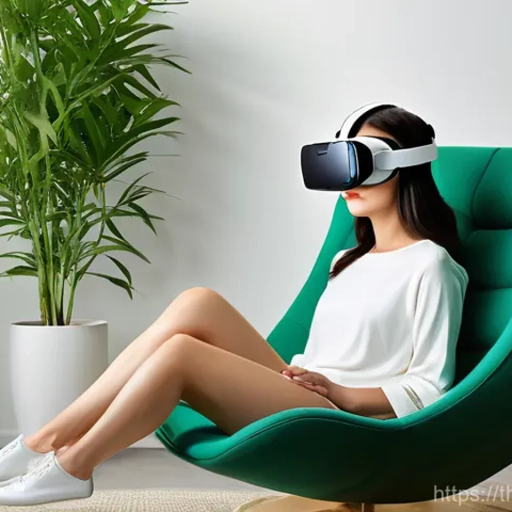 VR 심리치료의 과학적 근거와 연구 - **Prompt:** A young adult, female, with medium-length dark hair, is comfortably seated on a plush ar...