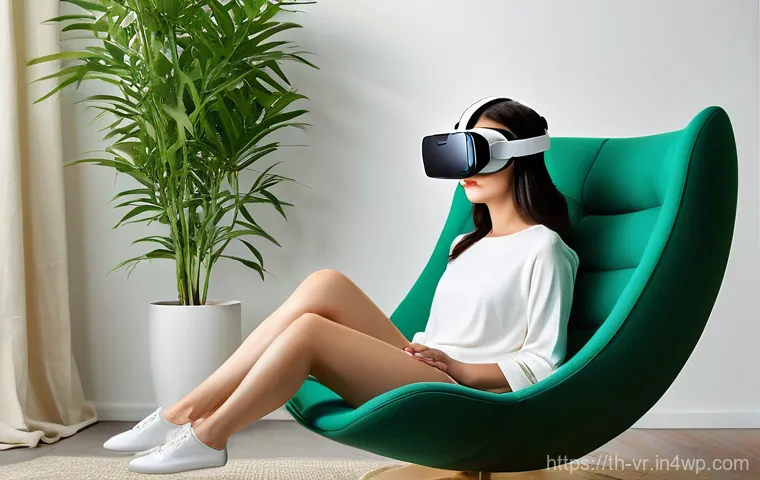 VR 심리치료의 과학적 근거와 연구 - **Prompt:** A young adult, female, with medium-length dark hair, is comfortably seated on a plush ar...