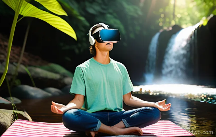 심리치료 VR의 기술적 한계 및 해결 방안 - **Prompt:** A young adult, wearing a modern, sleek VR headset and comfortable, casual clothing (t-sh...