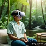 Home 19 VR 치료의 임상적 응용 사례 분석 - A serene virtual reality therapy session scene showing a middle-aged Thai patient wearing comfortabl...