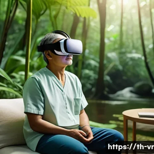 Home 25 VR 치료의 임상적 응용 사례 분석 - A serene virtual reality therapy session scene showing a middle-aged Thai patient wearing comfortabl...