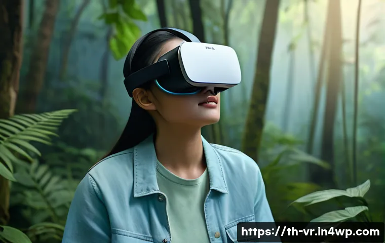 VR 치료에서의 정서적 지지 시스템 구축 - A serene virtual reality environment depicting a lush Thai forest with soft warm lighting in pastel ...