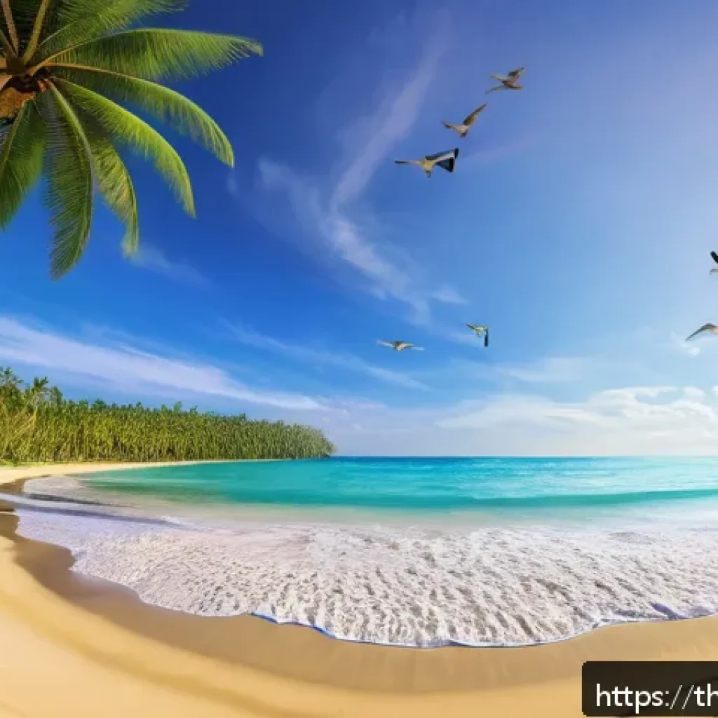 가상현실을 통한 불안장애 치료 방법 - A serene virtual reality scene depicting a peaceful tropical beach at sunset, with soft golden light...