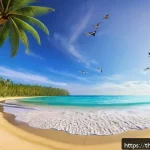 가상현실을 통한 불안장애 치료 방법 - A serene virtual reality scene depicting a peaceful tropical beach at sunset, with soft golden light...