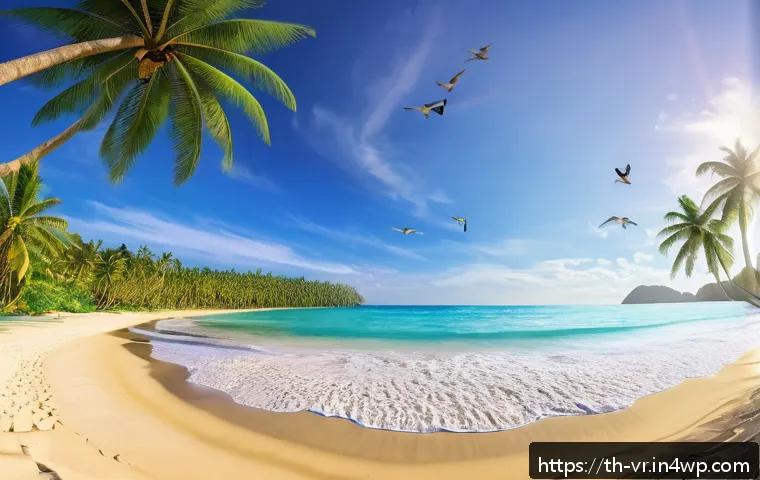 가상현실을 통한 불안장애 치료 방법 - A serene virtual reality scene depicting a peaceful tropical beach at sunset, with soft golden light...