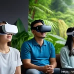 VR 치료를 위한 커뮤니티 지원 구축 - A diverse group of adult patients wearing comfortable casual clothes and VR headsets, sitting in a c...