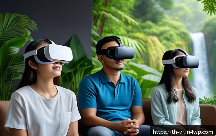 VR 치료를 위한 커뮤니티 지원 구축 - A diverse group of adult patients wearing comfortable casual clothes and VR headsets, sitting in a c...