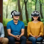 가상현실 환경에서의 그룹 심리치료 - A diverse group of Thai adults wearing casual clothes and VR headsets, sitting comfortably in a mode...