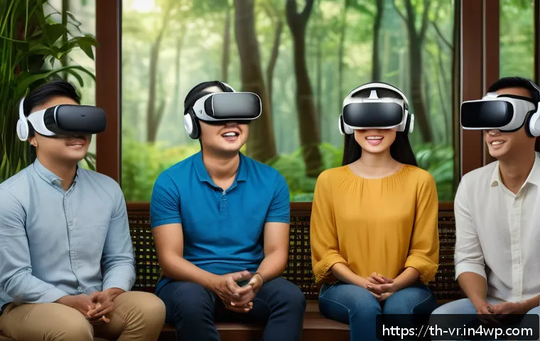 가상현실 환경에서의 그룹 심리치료 - A diverse group of Thai adults wearing casual clothes and VR headsets, sitting comfortably in a mode...