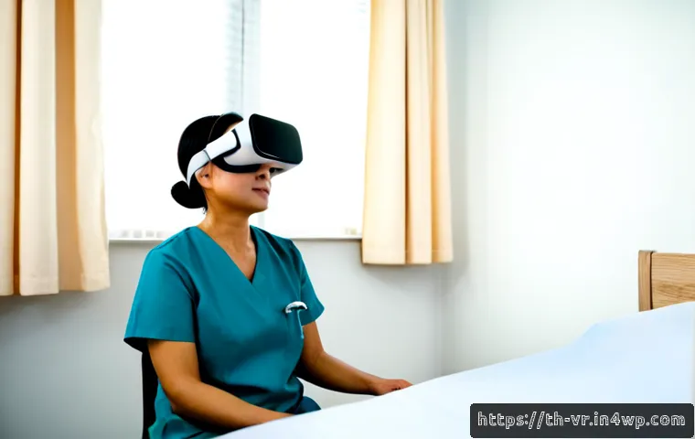 Home 17 VR 치료의 장기적 효과에 대한 연구 - Photorealistic Thai hospital rehabilitation clinic, middle-aged Thai woman comfortably using a moder...